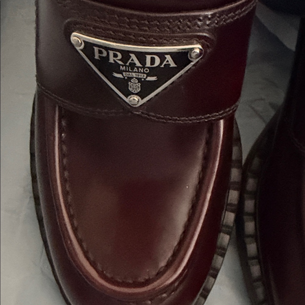 Prada Women's Triangle Logo Loafers Spazzolato Leather Dark Burgundy - Picture 10 of 12
